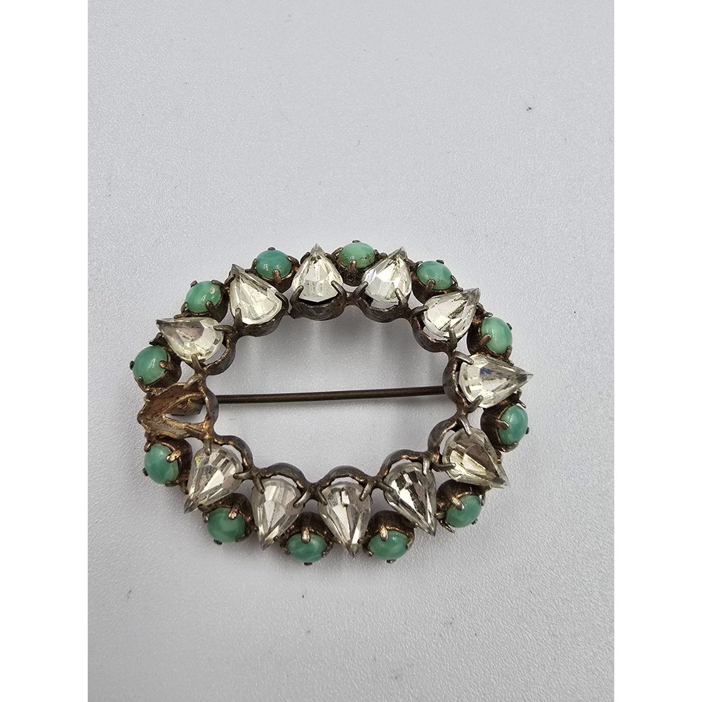 Vintage Oval Brooch Pin Clear Rhinestones Green Cabochons Gold Tone Metal